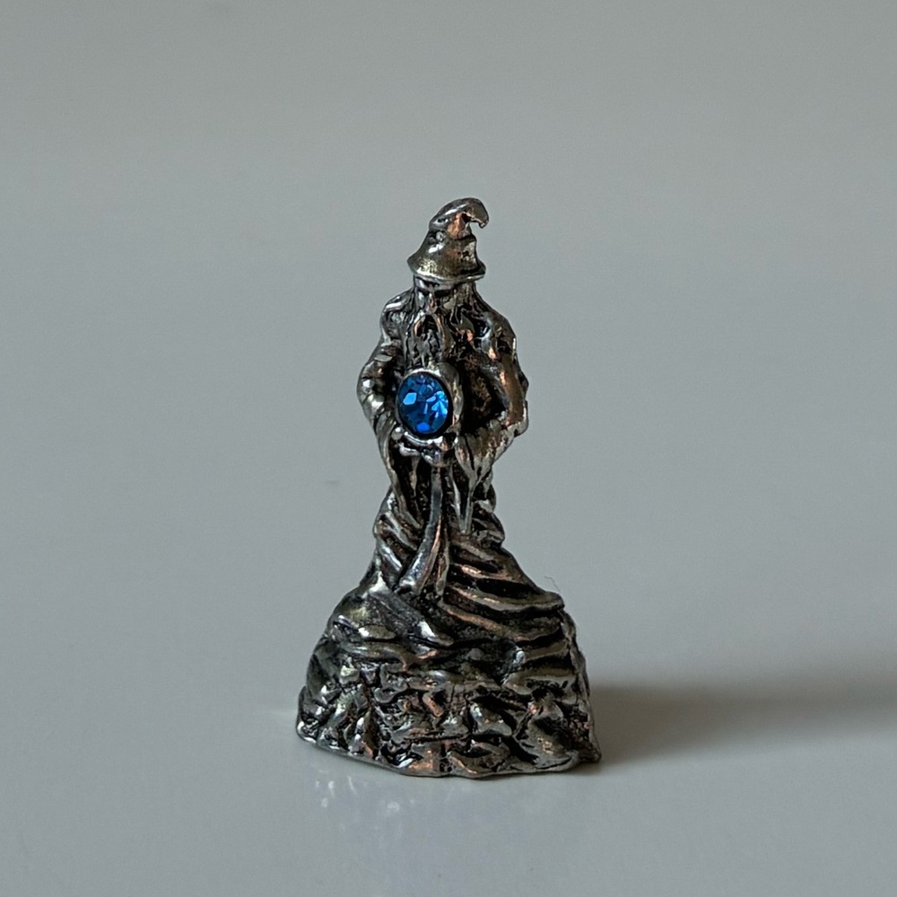 Vintage Comstock 1990s Miniature Pewter Wizard Figurine with mini Blue Gemstone